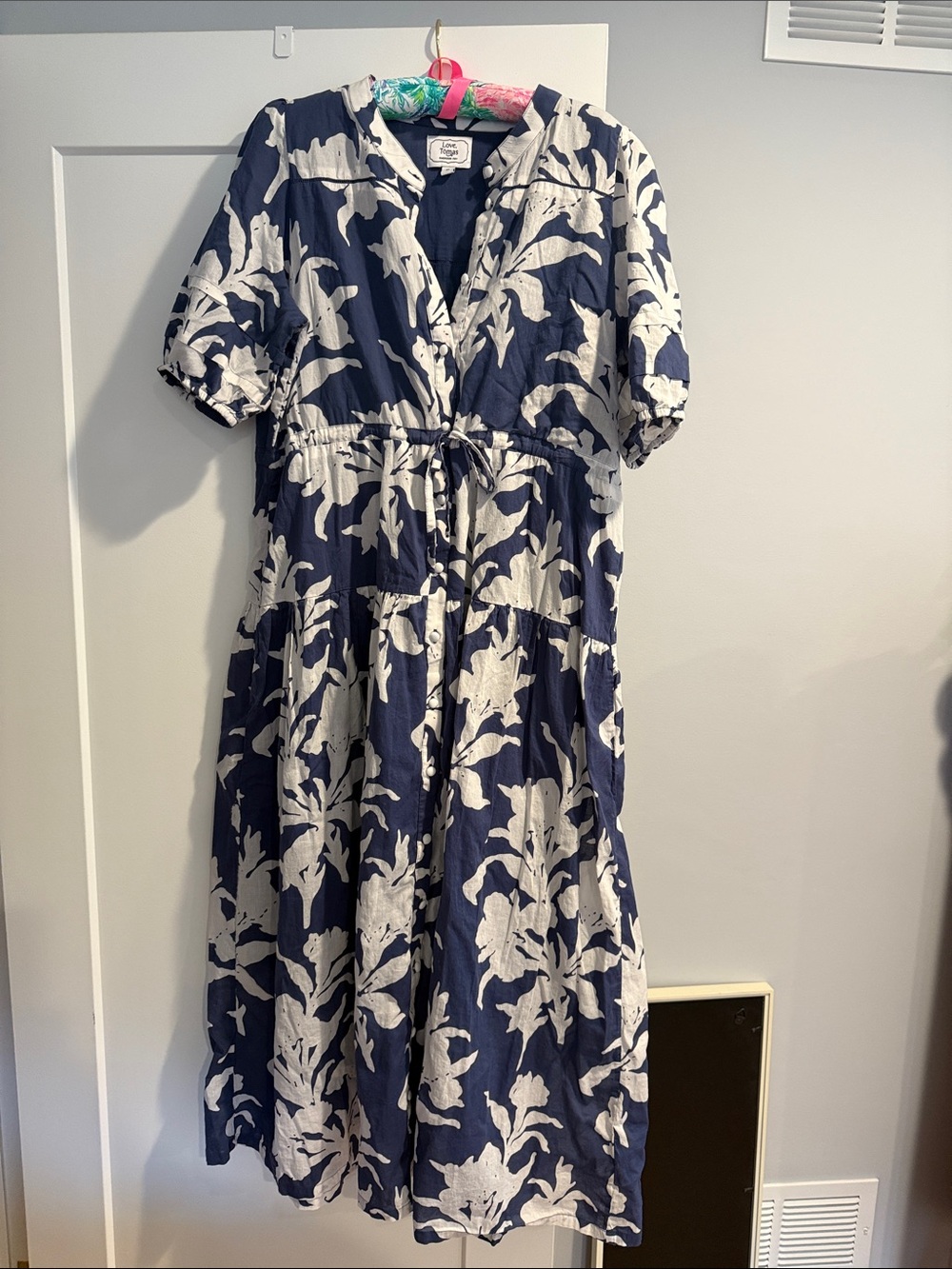 Emerson Fry Women's Navy and White Floral Midi Dress with Tie Waist